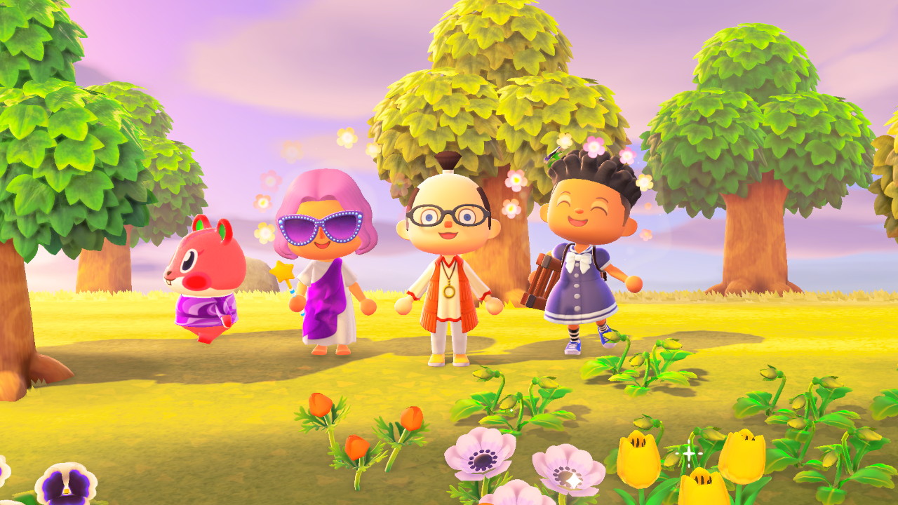 A scene from Animal Crossing: New Horizons. From left to right: Apple the pop star squirrel, Lauren in a toga and movie star sunglasses, Drew in a samurai wig and a groovy tunic, and DM Jazz Hands (of The Last Refuge) in a dress.
