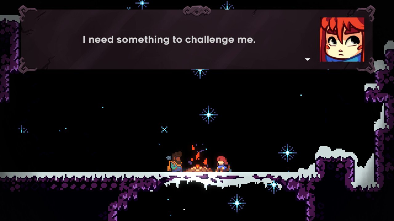 An image from Celeste: Madeline, at a campfire with Theo, saying that she needs something to challenge her.