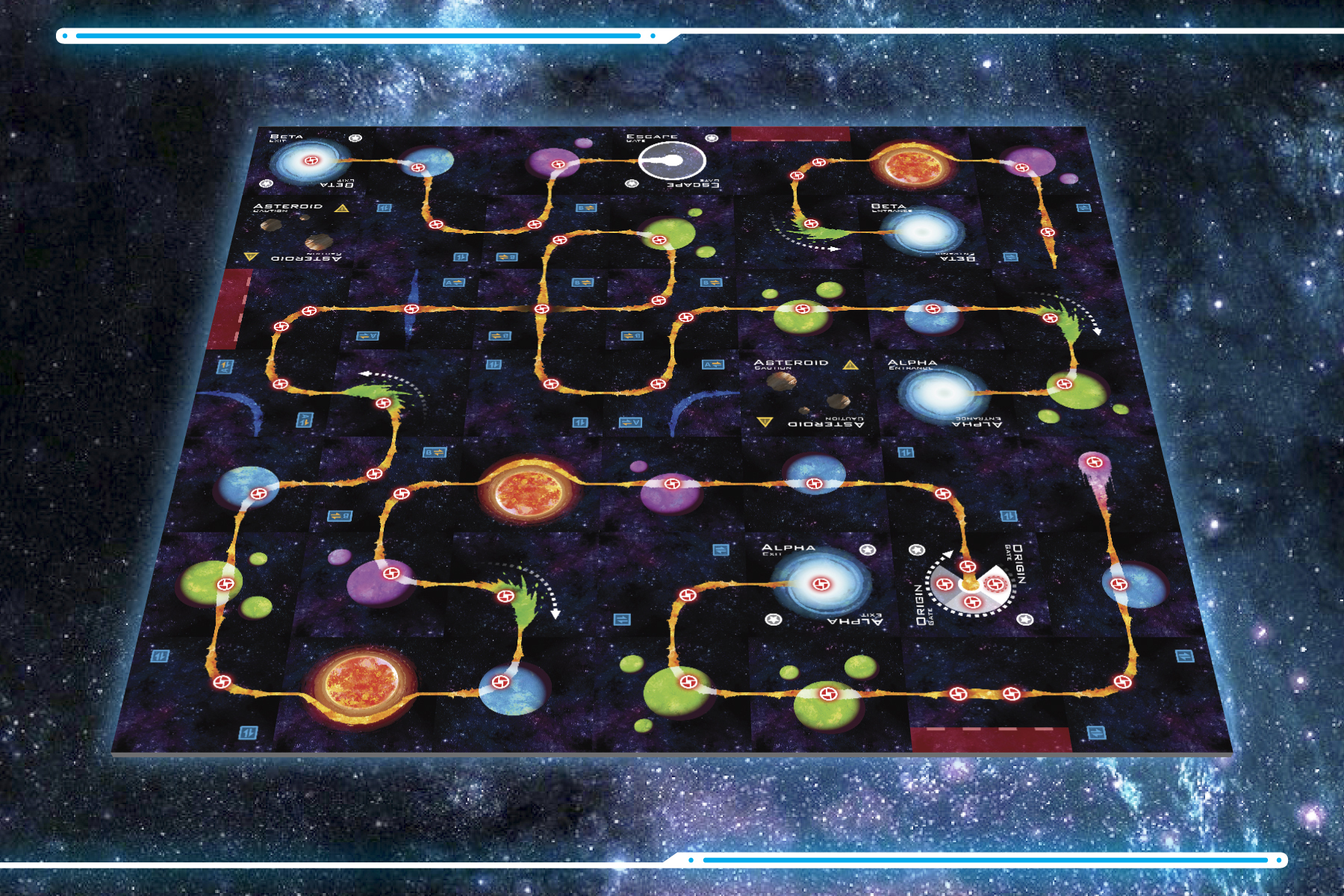 The board in Space Chase, more or less fully assembled, a line forming the players' path away from the Hunter.