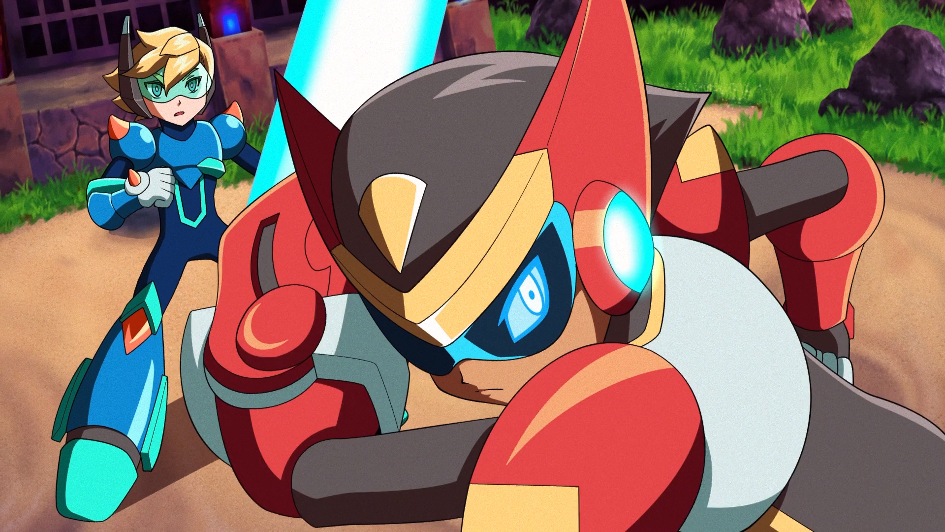 A still from the animated trailer to 30XX, with Ace brandishing a beam-sword in the foreground for defend Nina, who looks on from the background. The stones and gravel and grass of the Burning Temple surround them, with a single lantern glowing eerie blue.
