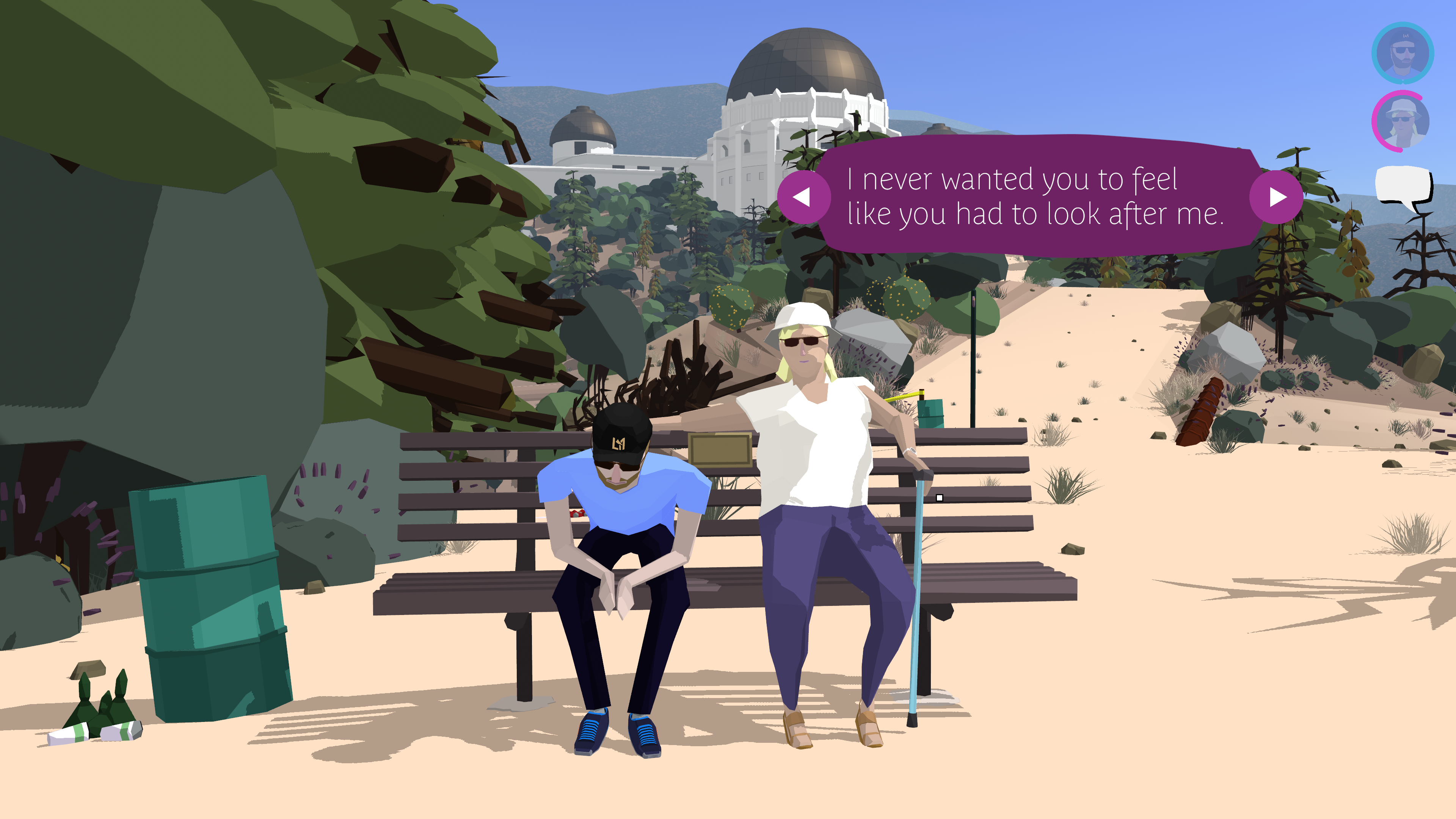 Russell and Linda, sitting on a bench with the Griffith Park Observatory in the background. Linda's dialogue box is purple, indicating a choice. The current option is: 'I never wanted you to feel like you had to look after me.'